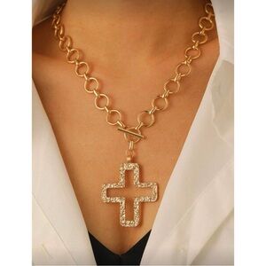 Gold Stylish Hollow Geometric Cross Pendant Necklace Women Chunky Thick Chain